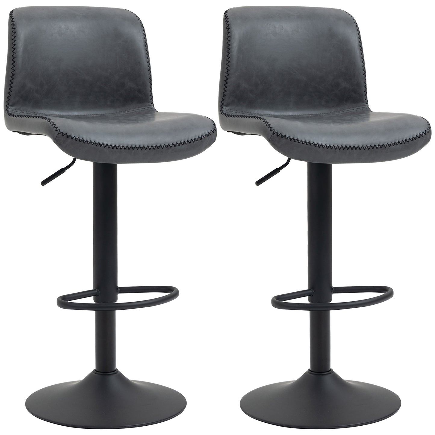 HOMCOM Set of 2 Bar Stool, Adjustable Height PU Leather Barstools with Swivel Seat and Footrest for Breakfast Bar, Kitchen and Home, Dark Grey