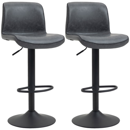 HOMCOM Set of 2 Bar Stool, Adjustable Height PU Leather Barstools with Swivel Seat and Footrest for Breakfast Bar, Kitchen and Home, Dark Grey