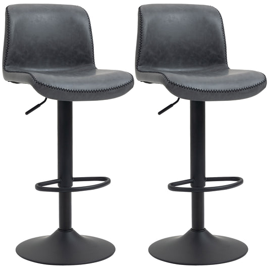 HOMCOM Set of 2 Bar Stool, Adjustable Height PU Leather Barstools with Swivel Seat and Footrest for Breakfast Bar, Kitchen and Home, Dark Grey