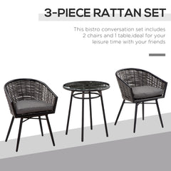 Outsunny 3 Pieces Rattan Bistro Set, Wicker Garden Furniture Set with Round Glass Top Coffee Table and Chairs, Washable Cushions for Outdoor, Patio, Balcony, Grey