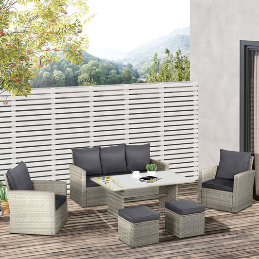 Outsunny Six-Piece Rattan Sofa Set, with Glass-Top Table - Mixed Grey