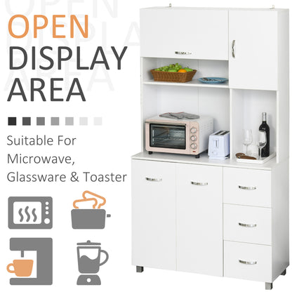 HOMCOM Kitchen Cupboard, 183cm Tall Storage Cabinet with Countertop, Sideboard with 3 Small Drawers, Flip Up Top Door, 3 Cabinet Doors and Open Shelves, 100W x 39.5D x 183.5H cm, White