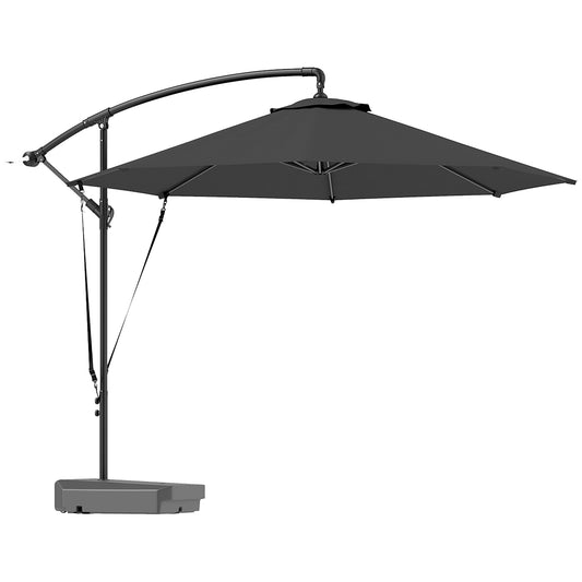 Outsunny 3(m) Garden Cantilever Parasol with Fillable Base, Wind Protection Strap, Cover, Round Banana Hanging Umbrella with Crank Handle and Tilt, Patio Umbrella for Outdoor Sun Shade, UPF50+, Grey