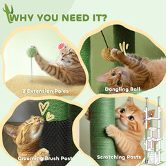 PawHut 225-255cm Adjustable Floor to Ceiling Cat Tree, Tall Cat Tower for Indoor Cats w/ Scratching Posts, Green