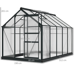 Outsunny 6 x 10ft Polycarbonate Greenhouse, Large Walk-In Green House with Slide Door and Window, Garden Plants Grow House with Aluminium Frame and Foundation, Grey