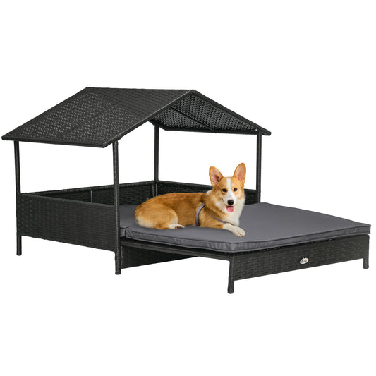 PawHut Extendable Elevated Dog Bed, Rattan Dog House w/ Water-Resistant Roof, Removable Cushion - Grey