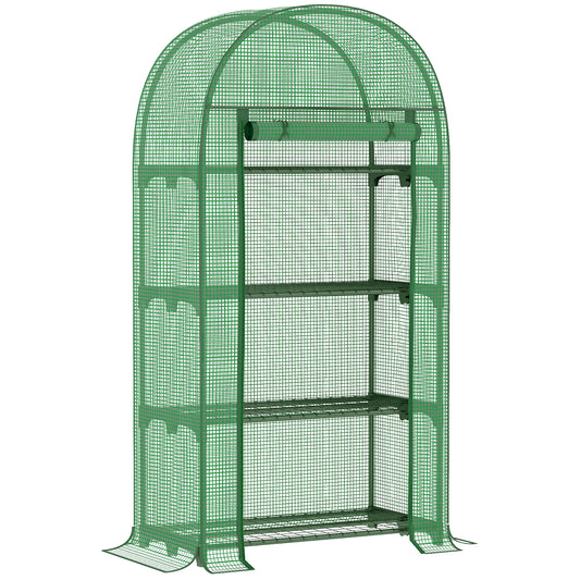 Outsunny 4 Tier Mini Greenhouse for Outdoor, Portable Gardening Plant Green House with Storage Shelf, Roll-Up Zipped Door, Metal Frame and PE Cover, 80 x 49 x 160cm, Green