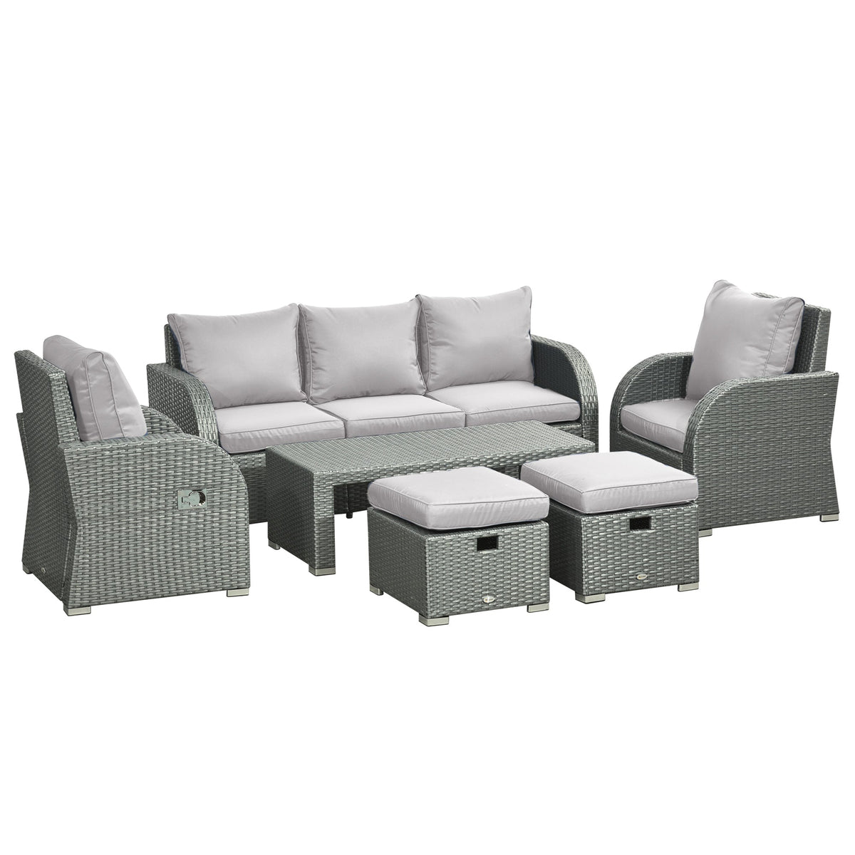 Outsunny Six-piece Outdoor Rattan Dining Set, with Reclining Armchairs - Grey