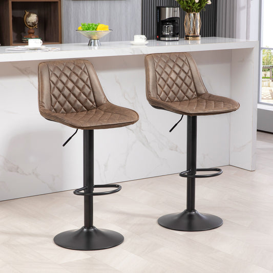 HOMCOM Bar Stools Set of 2, Retro Adjustable Kitchen Stool, Swivel PU Leather Upholstered Bar Chairs with Back, Footrest and Steel Base, Brown