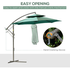 Outsunny 2.7m Banana Parasol Cantilever Umbrella with Crank Handle, Double Tier Canopy and Cross Base for Outdoor, Hanging Sun Shade, Green