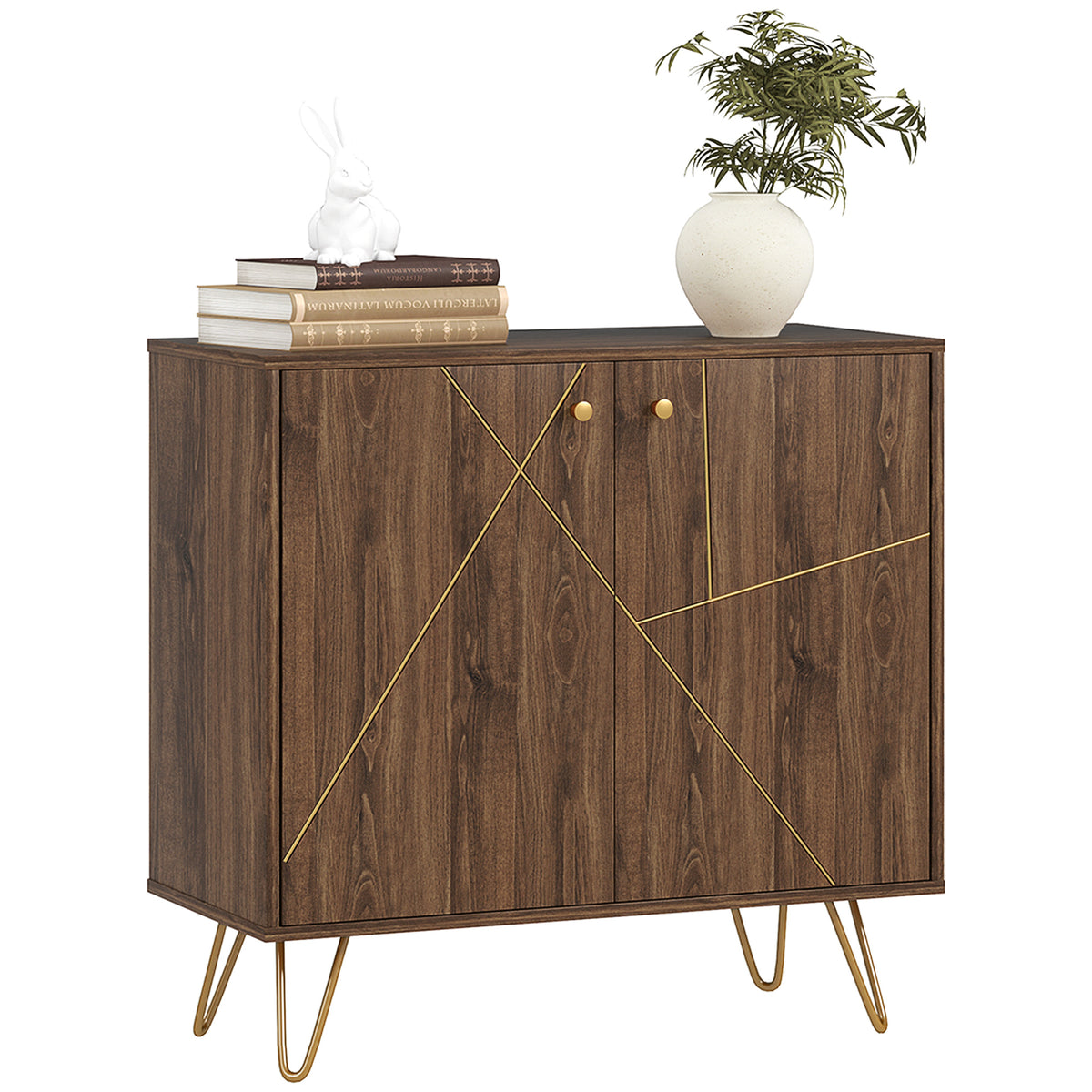 HOMCOM Sideboard Storage Cabinet with Golden Lines, Modern Luxury Living Room Cabinet with Adjustable Shelf, Steel Harpin Legs, Brown