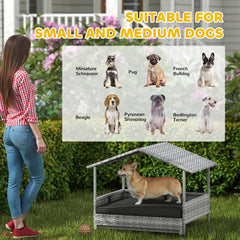 PawHut Extendable Elevated Dog Bed, Rattan Dog House, with Water-Resistant Roof, Removable Cushion, Charcoal Grey