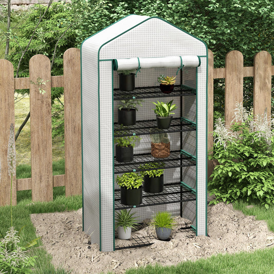 Outsunny 5 Tier Widened Mini Greenhouse with Reinforced PE Cover, Portable Indoor Outdoor Green House with Roll-up Door and Wire Shelves, 193H x 90W x 49Dcm, White