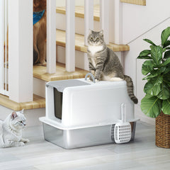 PawHut Stainless Steel Cat Litter Box with Removable Lid, Scoop, Filter Bags, for Larger Cats, White