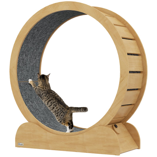 PawHut 39.4" Wooden Cat Running Wheel with Brake, Natural