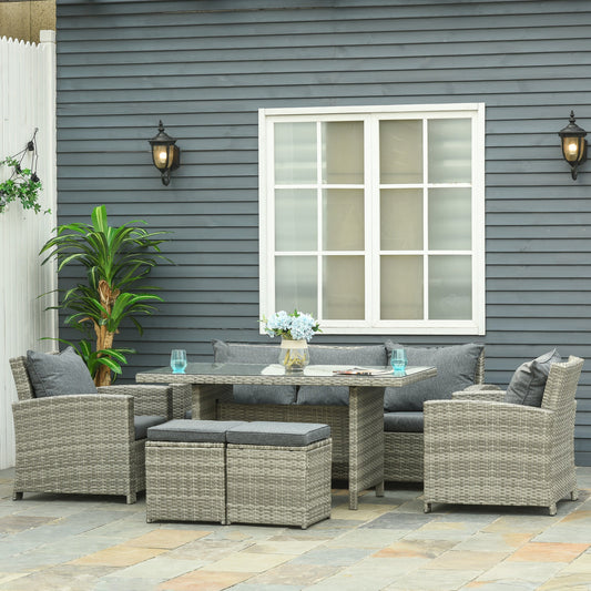 Outsunny 6 Pieces PE Rattan Garden Furniture Set with Three-seat, Armchairs and Footstools, Aluminium Patio Wicker Dining Sets w/ Glass Top Dining Table, Soft Cushion, Light Grey