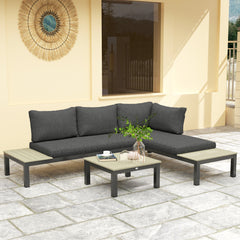 Outsunny 3 Pieces Garden Furniture Sets, Aluminium Outdoor Corner Sofa Set with 2 Loveseat and Coffee Table with Cushions for Garden, Dark Grey