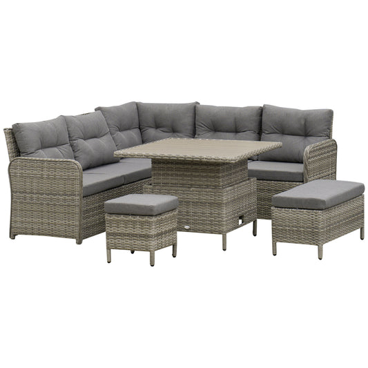 Outsunny 6 Pieces Outdoor PE Rattan Garden Furniture, Patio Wicker Sectional Conversation Corner Sofa w/ Soft Padded Cushion & Liftable Coffee Table, Grey