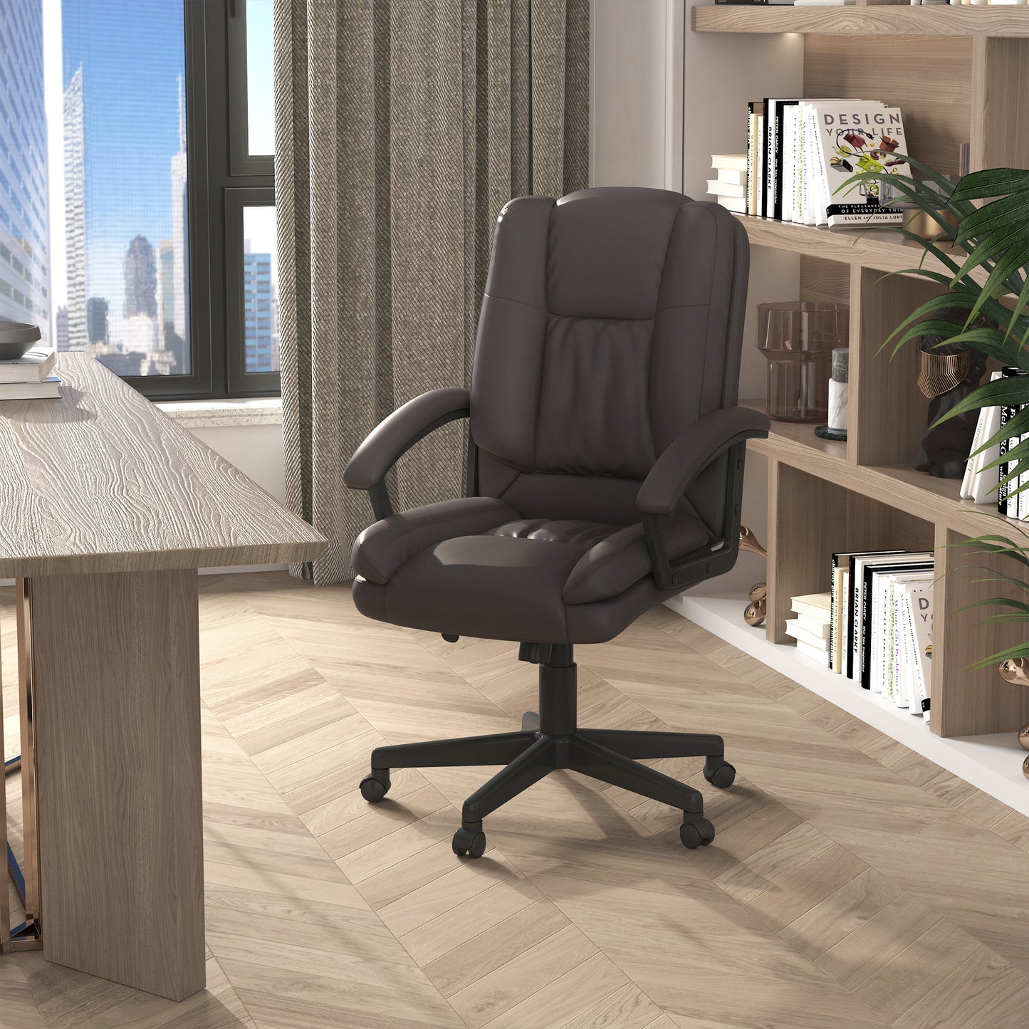 HOMCOM Office Chair, Computer Desk Chair, PU Leather Mid Back Executive Chair with Adjustable Height and Swivel Rolling Wheels for Home Study, Brown
