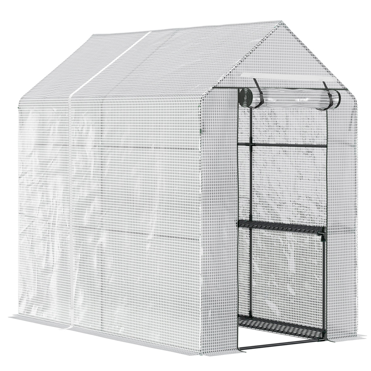 Outsunny Walk In Greenhouse with 2-Tier Shelves, Roll up Zip Panel Door, Garden Polytunnel Steeple Grow House for Outdoor, 6 x 4 x 6ft White