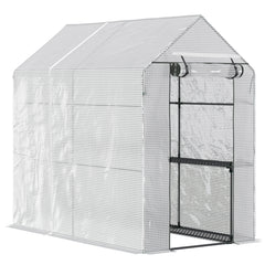 Outsunny Walk In Greenhouse with 2-Tier Shelves, Roll up Zip Panel Door, Garden Polytunnel Steeple Grow House for Outdoor, 6 x 4 x 6ft White