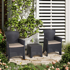 Outsunny 3 PCS Rattan Effect Garden Bistro Set 2 Chairs & Coffee Table Set with Cushion Patio Lawn Balcony Furniture - Dark Brown