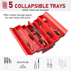 DURHAND Metal Tool Box 3 Tier 5 Tray Professional Portable Storage Cabinet Workshop Cantilever Toolbox with Carry Handle, 56cmx20cmx34cm, Red