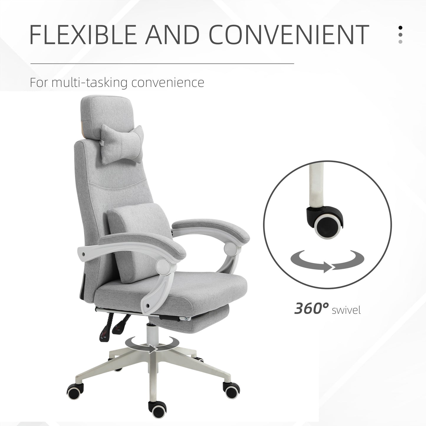 Vinsetto Office Chair, Ergonomic Desk Chair, High Back Fabric Work Chair with 160√Ç¬∞ Reclining Backrest, Retractable Footrest, Neck and Lumbar Pillow for Home and Study, Grey