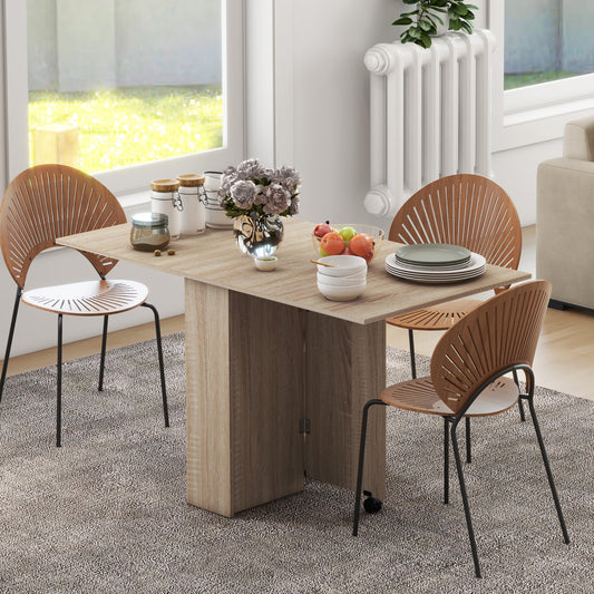 HOMCOM Folding Dining Table, Drop Leaf Table for Small Spaces with 2-tier Shelves, Small Kitchen Table with Rolling Casters, Natural