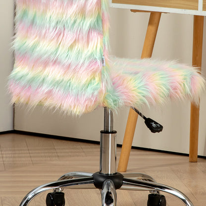 HOMCOM Fluffy Desk Chair, Armless Students Chair, Makeup Vanity Chair with Adjustable Height, Rolling Wheels for Home Study Bedroom, Unicorn Tone