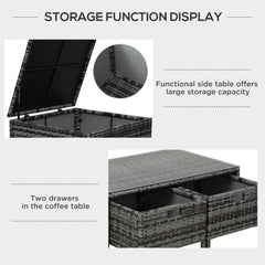 مجموعة من 4 قطع من أثاث الحدائق من الخيزران والروطان مع طاولة تخزين وطاولة قهوة من درجين، أريكة زاوية مبطنة رائعة بـ 4 مقاعد - رمادي