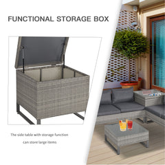 Outsunny 4 PCs PE Rattan Wicker Sofa Set Outdoor Conservatory Furniture Lawn Patio Coffee Table w/ Side Storage Box & Cushion, Grey