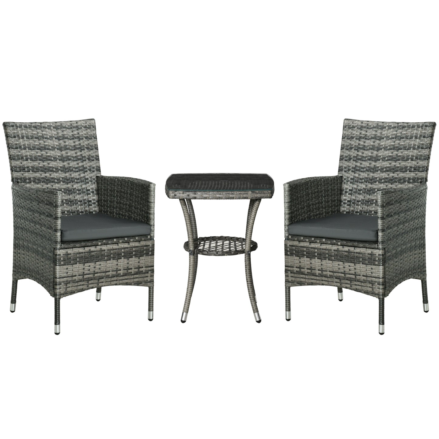 Outsunny 3 Pieces Rattan Bistro Set, Wicker Garden Furniture Set with 2-Tier Coffee Table and Chairs, Washable Cushions, for Outdoor Patio Balcony, Mixed Grey