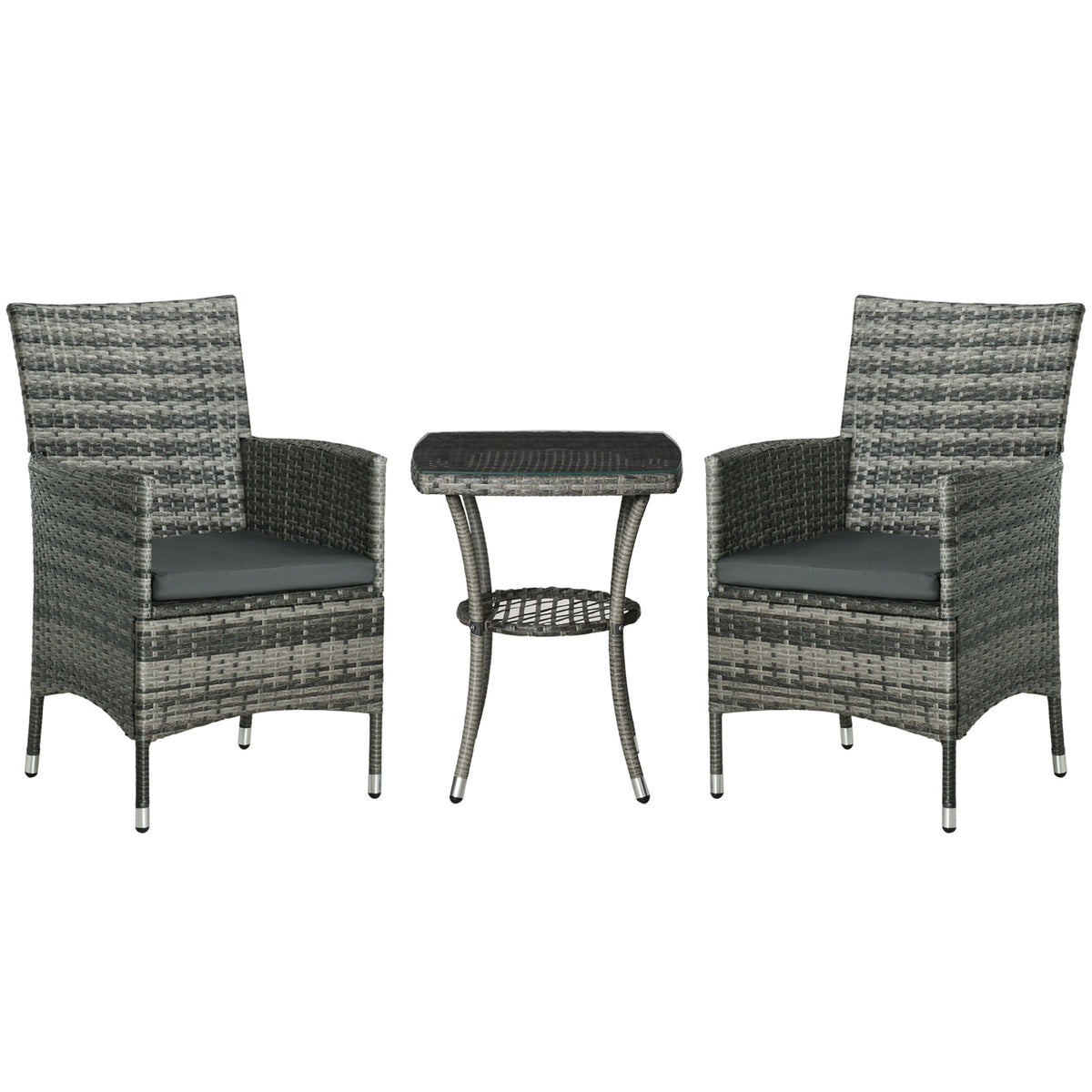 Outsunny 3 Pieces Rattan Bistro Set, Wicker Garden Furniture Set with 2-Tier Coffee Table and Chairs, Washable Cushions, for Outdoor Patio Balcony, Mixed Grey