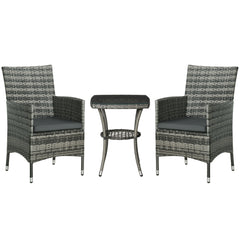 Outsunny 3 Pieces Rattan Bistro Set, Wicker Garden Furniture Set with 2-Tier Coffee Table and Chairs, Washable Cushions, for Outdoor Patio Balcony, Mixed Grey