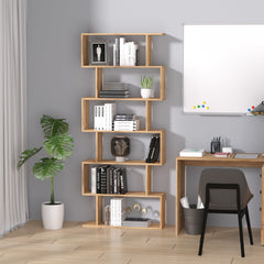 HOMCOM Bookcase, 6 Tier Shelf S Shaped Bookshelf, Storage Unit, Display Shelf for Living Room, Bedroom, Home Office, Plant, Oak