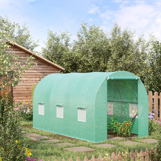 Outsunny 4 x 2 x 2 m Polytunnel Greenhouse with Roll-up Door and 6 Mesh Windows, Walk-in Garden Tunnel Warm House Tent with UV-resistant PE Cover and Galvanised Steel Frame, Green