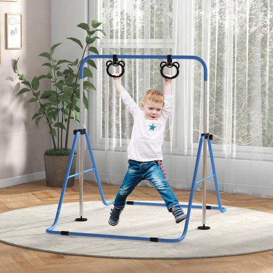 HOMCOM Adjustable Height, Foldable Kids Gymnastics Bar w/ Non-Slip Mats, for 3+ Years, Blue