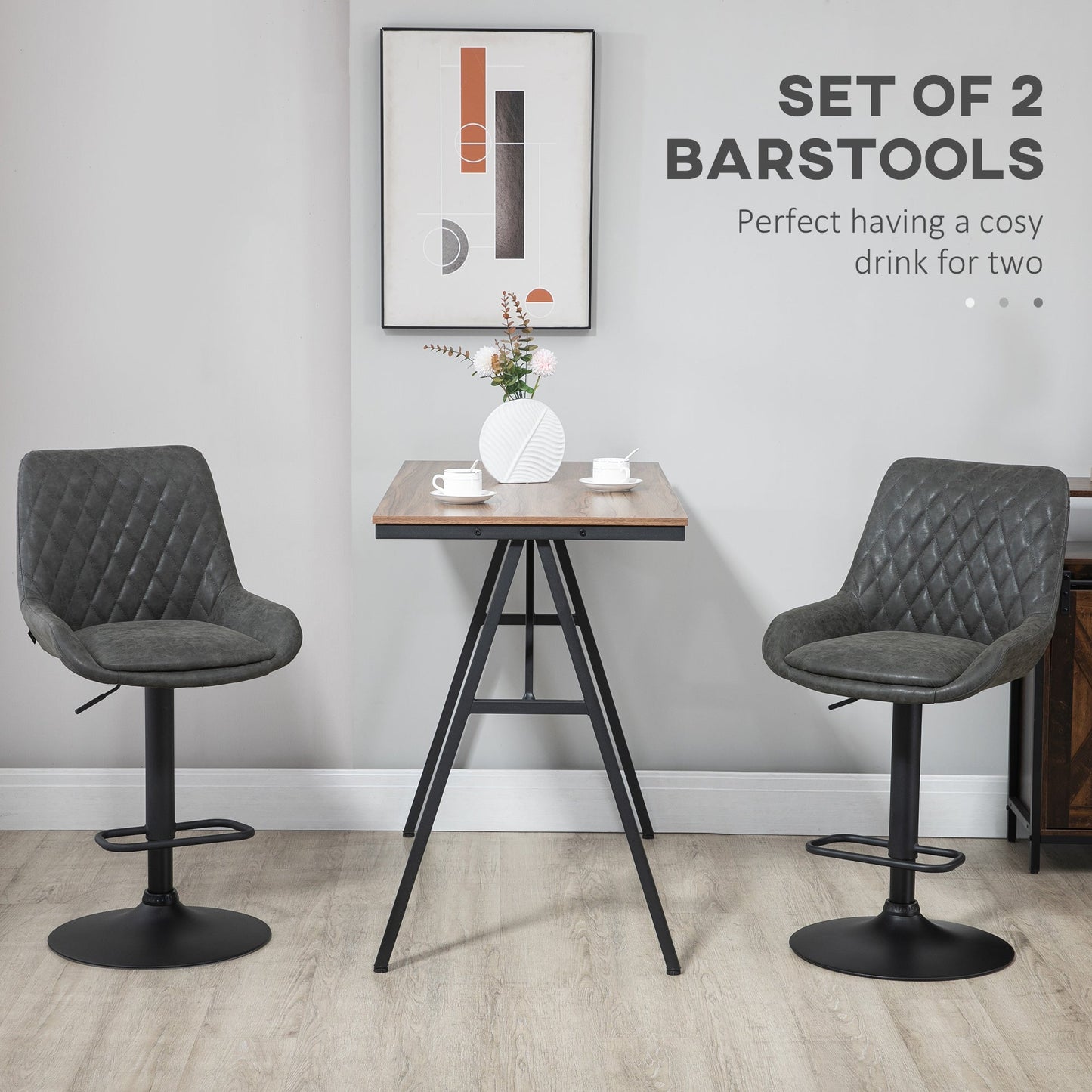 HOMCOM Grey Bar Stools Set of 2, Upholstered Retro Bar and Kitchen Chairs with Back, Swivel Seat, PU Leather