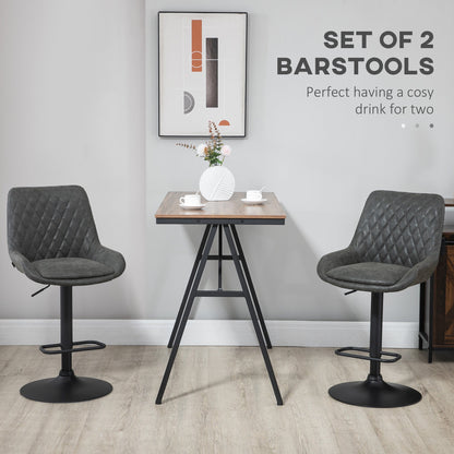 HOMCOM Grey Bar Stools Set of 2, Upholstered Retro Bar and Kitchen Chairs with Back, Swivel Seat, PU Leather
