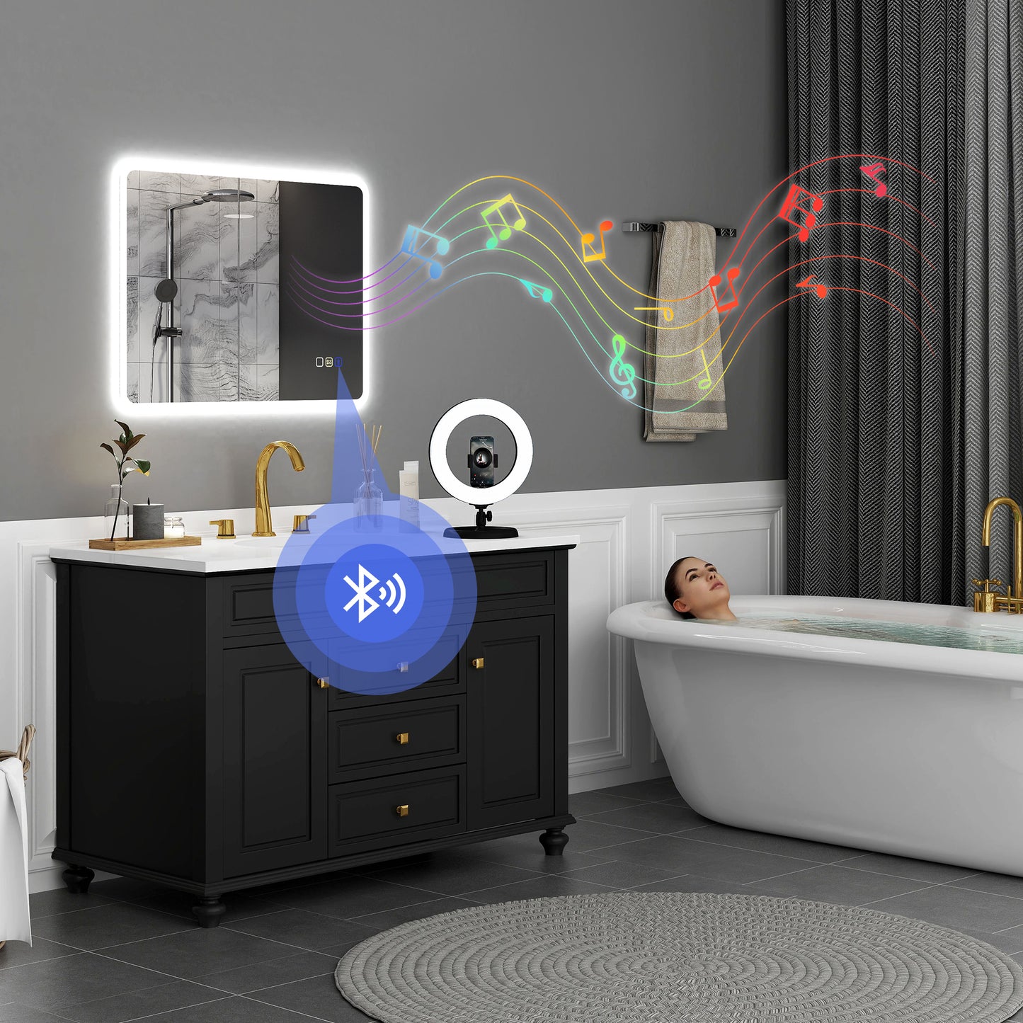 مرآة حمام LED من هومكوم، مقاس 80 × 60 سم، مزودة بتقنية البلوتوث - لون فضي