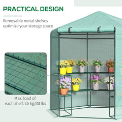 Outsunny Hexagon Walk In Greenhouse with Shelves, Outdoor Green House Grow House with Waterproof PE Cover and Roll-up Door, 228 x 196 x 215 cm, Green