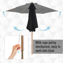 Outsunny Wooden Garden Umbrella Sun Shade with Top Vents, Bamboo Ribs and Sturdy Wood Pole, Black