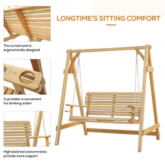 Outsunny 2 Seater Garden Swing Seat Larch Wood Swing Chair Hammock Bench Lounger - Natural