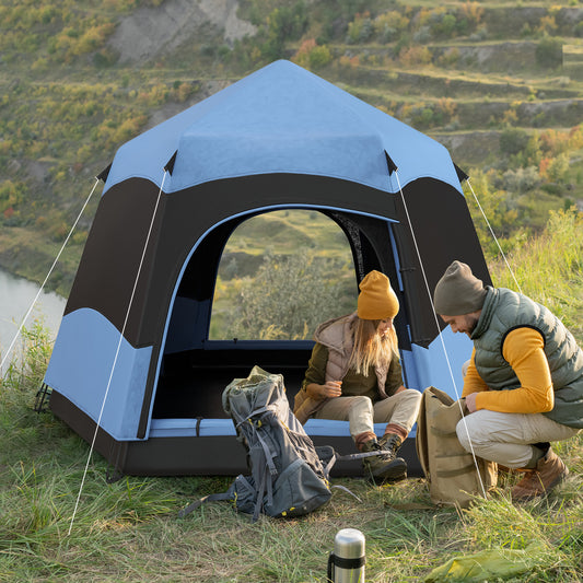 Outsunny Double Layer Dome Tent with Rainfly and Welded Floor, 4 Man Hexagon Pop Up Tent, Portable Camping Shelter with Hang Hook and Carry Bag, for Festival Hiking Family, Blue and Black