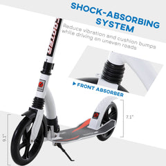 HOMCOM Foldable Kick Scooter with Double Shock Absorption and Big Wheels, Height Adjustable Aluminium Frame Big Wheel Scooter for 14+ Teens Adult - White