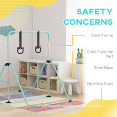 HOMCOM Adjustable Height, Foldable Kids Gymnastics Bar w/ Non-slip Rubber Floor Rings, for 3+ Years, Green