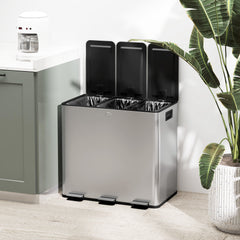 HOMCOM 3 x 15L Pedal Bin, Steel Triple Kitchen Bin with Soft Close Lid, Removable Inner Buckets, Fingerprint-Proof, Silver Tone