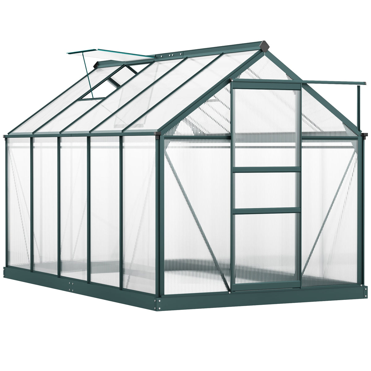 Outsunny 6 x 10ft Polycarbonate Greenhouse, Large Walk-In Green House with Slide Door and Window, Garden Plants Grow House with Aluminium Frame and Foundation, Dark Green