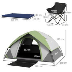 Outsunny Camping Tent with Inflatable Mattress and Camping Chair, 2-3 Person Dome Tent with Sewn-in Groundsheet, Portable 3000mm Waterproof Tent with Carry Bag and Hook, for Fishing Hiking